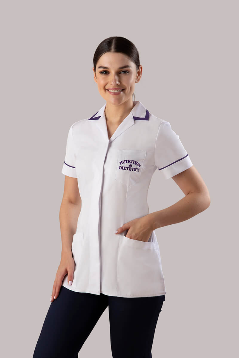 Dietitian Tunic with logo, concealed buttons + Square Collar | WHITE/PURPLE