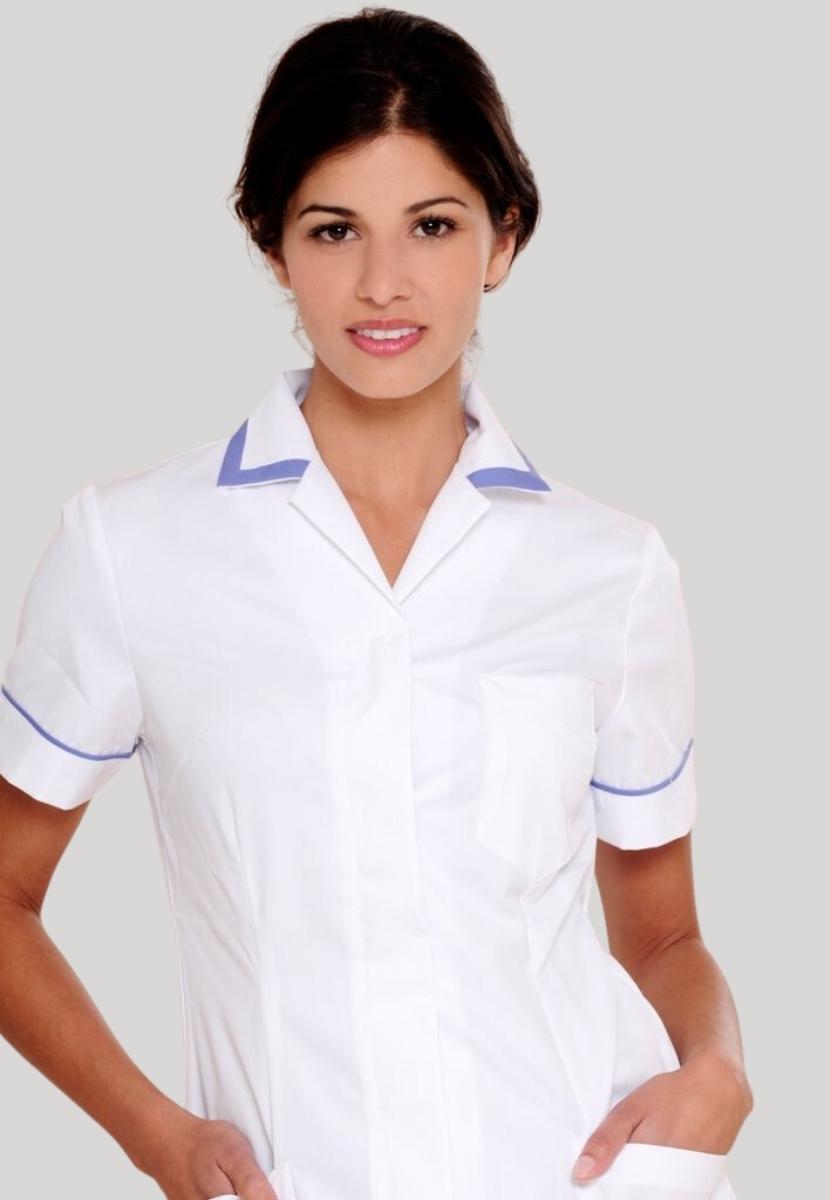 Nurses Uniform Tunic 401B with Concealed Buttons + Square Collar | WHITE/METRO