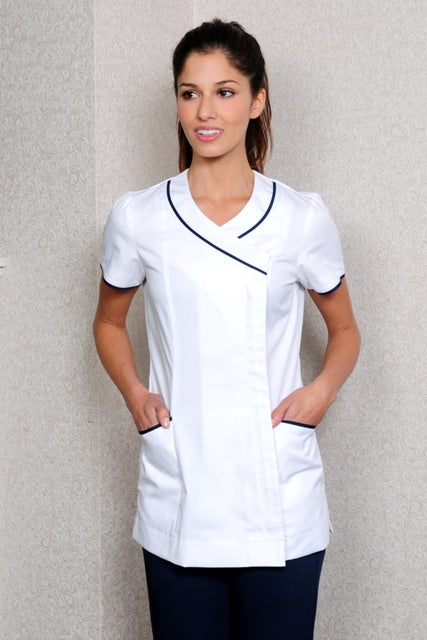 Nursing Uniform Tunic T1 Side Concealed Zip + 2 pockets | WHITE/NAVY