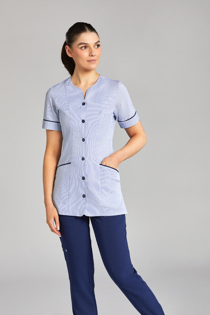 Nursing Uniform Tunic - PH1A Sweetheart Neckline + Button Front | BLUE STRIPE/NAVY