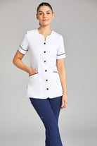 Nursing Uniform Tunic - PH1A Sweetheart Neckline + Button Front | WHITE/NAVY