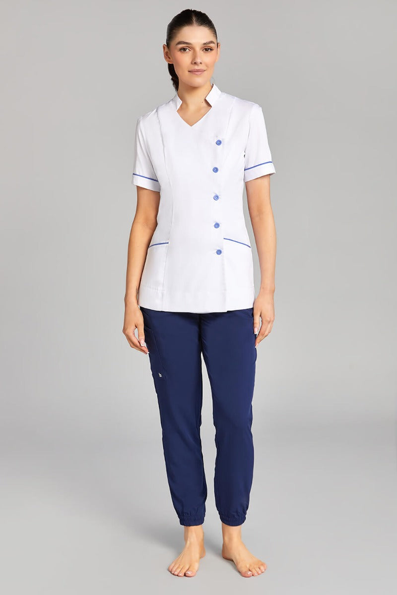 Nursing Uniform Tunic L2- Side Buttoned Front and Collar | WHITE/METRO