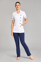 Nursing Uniform Tunic L2- Side Buttoned Front and Collar | WHITE/NAVY