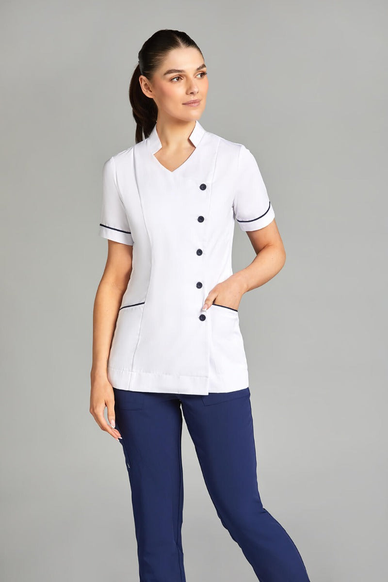 Nursing Uniform Tunic L2- Side Buttoned Front and Collar | WHITE/NAVY