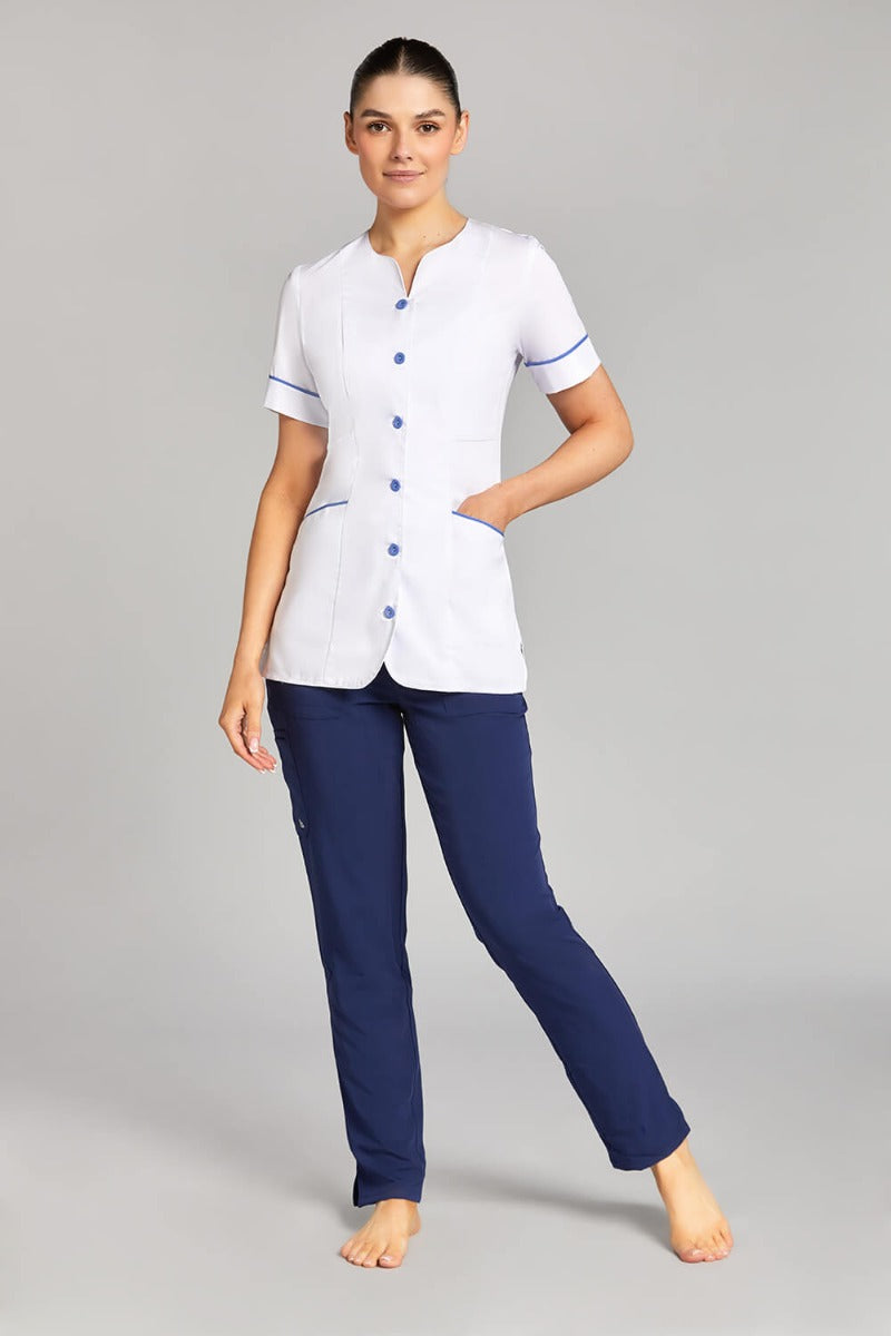 Nursing Uniform Tunic - PH1A Sweetheart Neckline + Button Front | WHITE/METRO