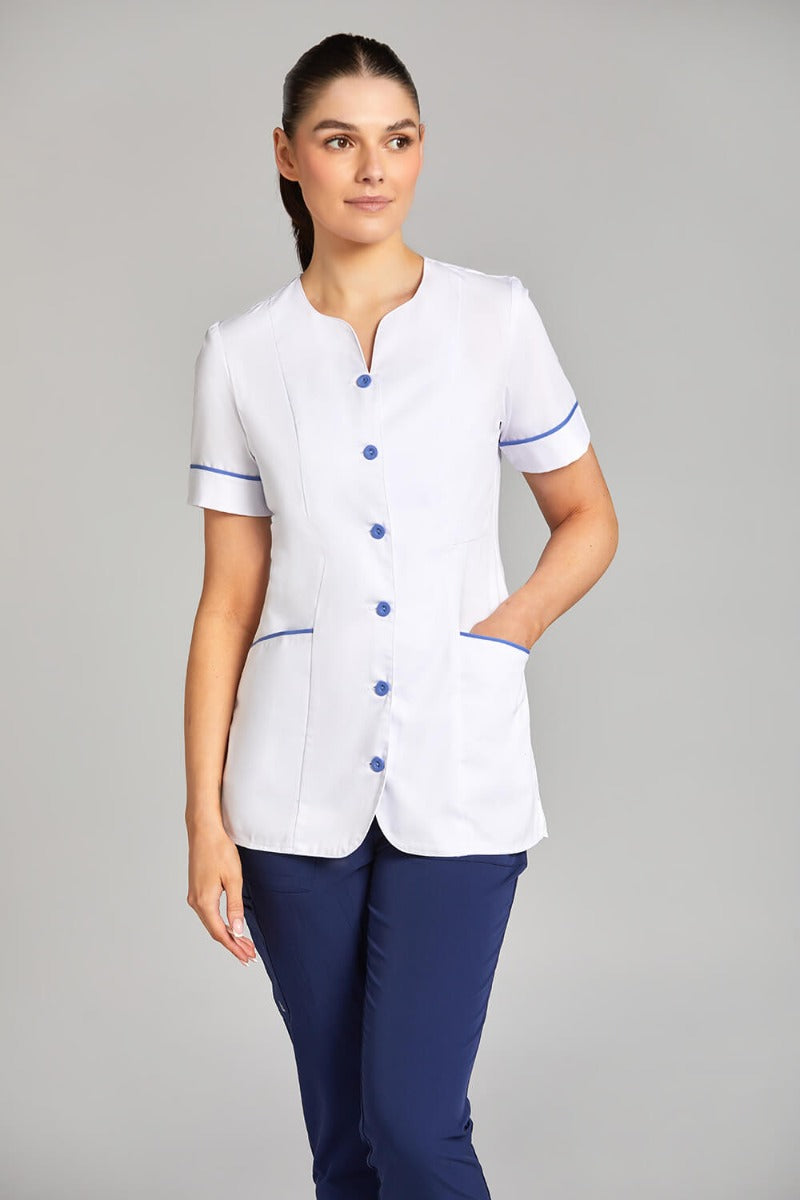 Nursing Uniform Tunic - PH1A Sweetheart Neckline + Button Front | WHITE/METRO