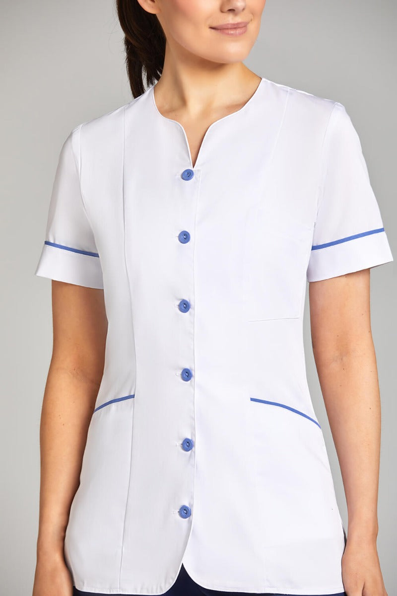 Nursing Uniform Tunic - PH1A Sweetheart Neckline + Button Front | WHITE/METRO