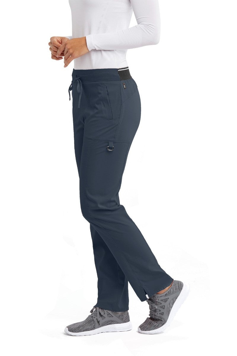 Greys Anatomy Kim 3 Pocket Elastic Back Waistband Zip-Pocket Pants PETITE (29") leg length  | Steel