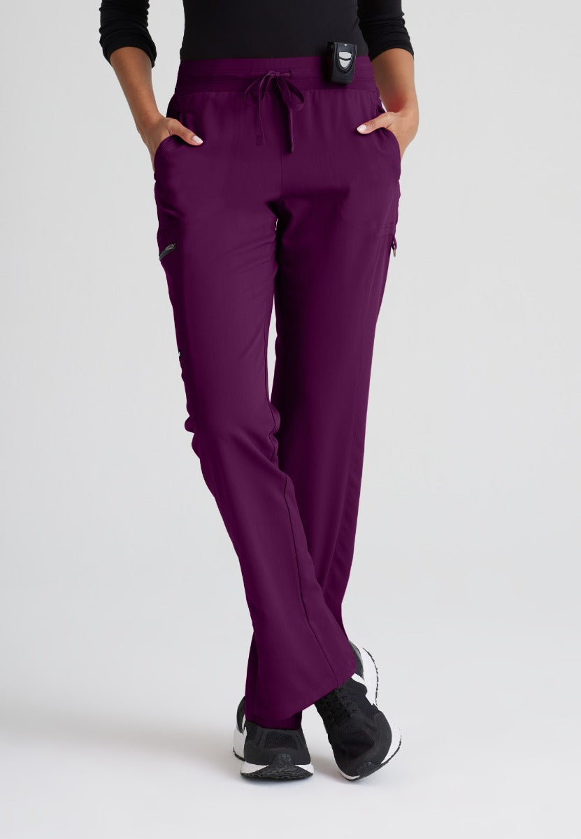 Greys Anatomy Kim 3 Pocket Elastic Back Waistband Zip-Pocket Pants | Wine