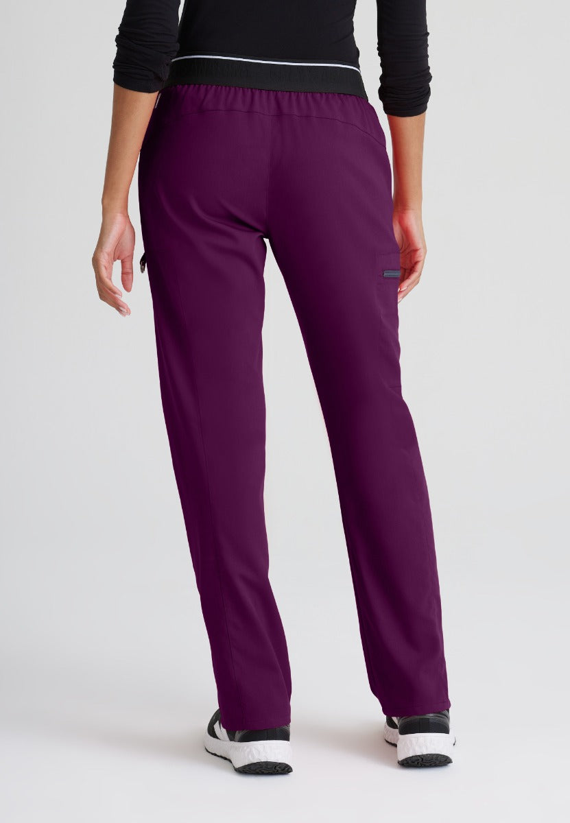 Greys Anatomy Kim 3 Pocket Elastic Back Waistband Zip-Pocket Pants | Wine