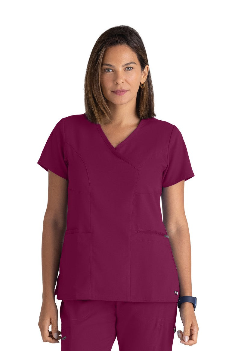 Greys Anatomy V-Neck Kim Top with Zip Front Pocket | Wine