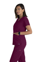 Greys Anatomy V-Neck Kim Top with Zip Front Pocket | Wine