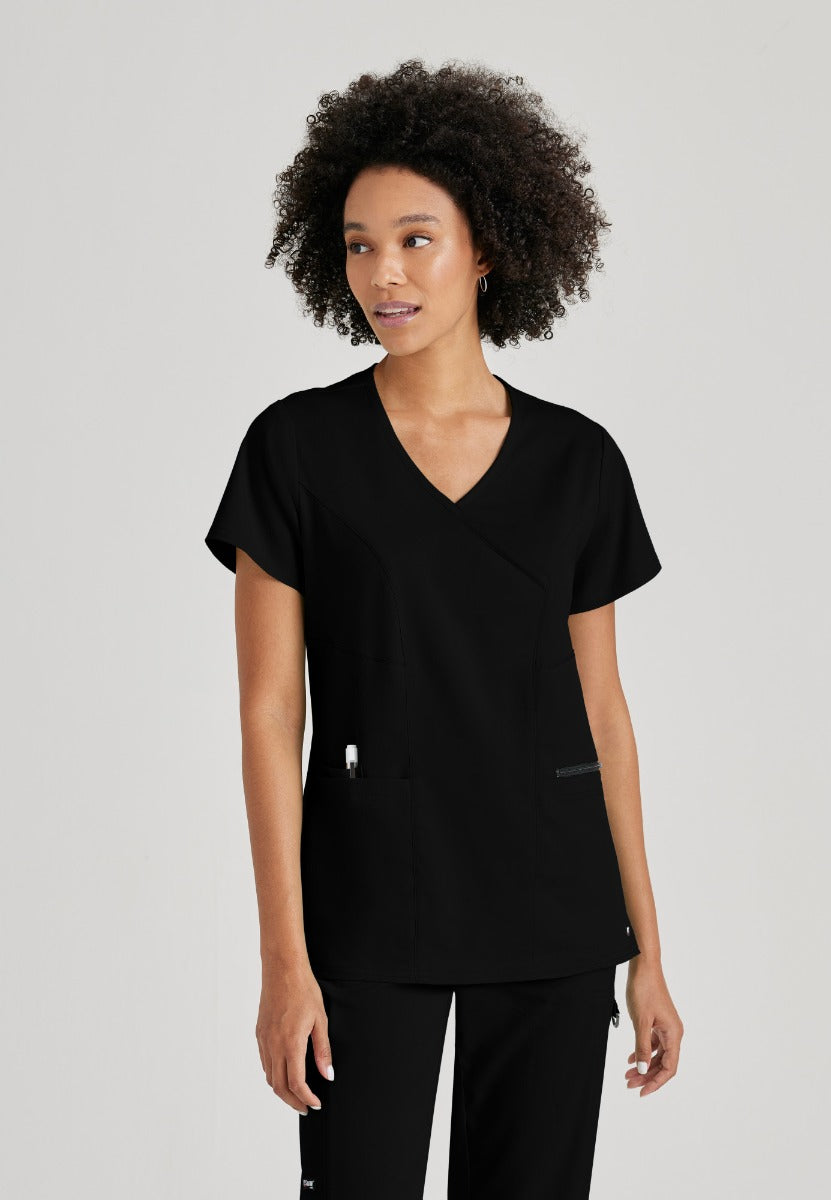 Greys Anatomy V-Neck Kim Top with Zip Front Pocket | BLACK