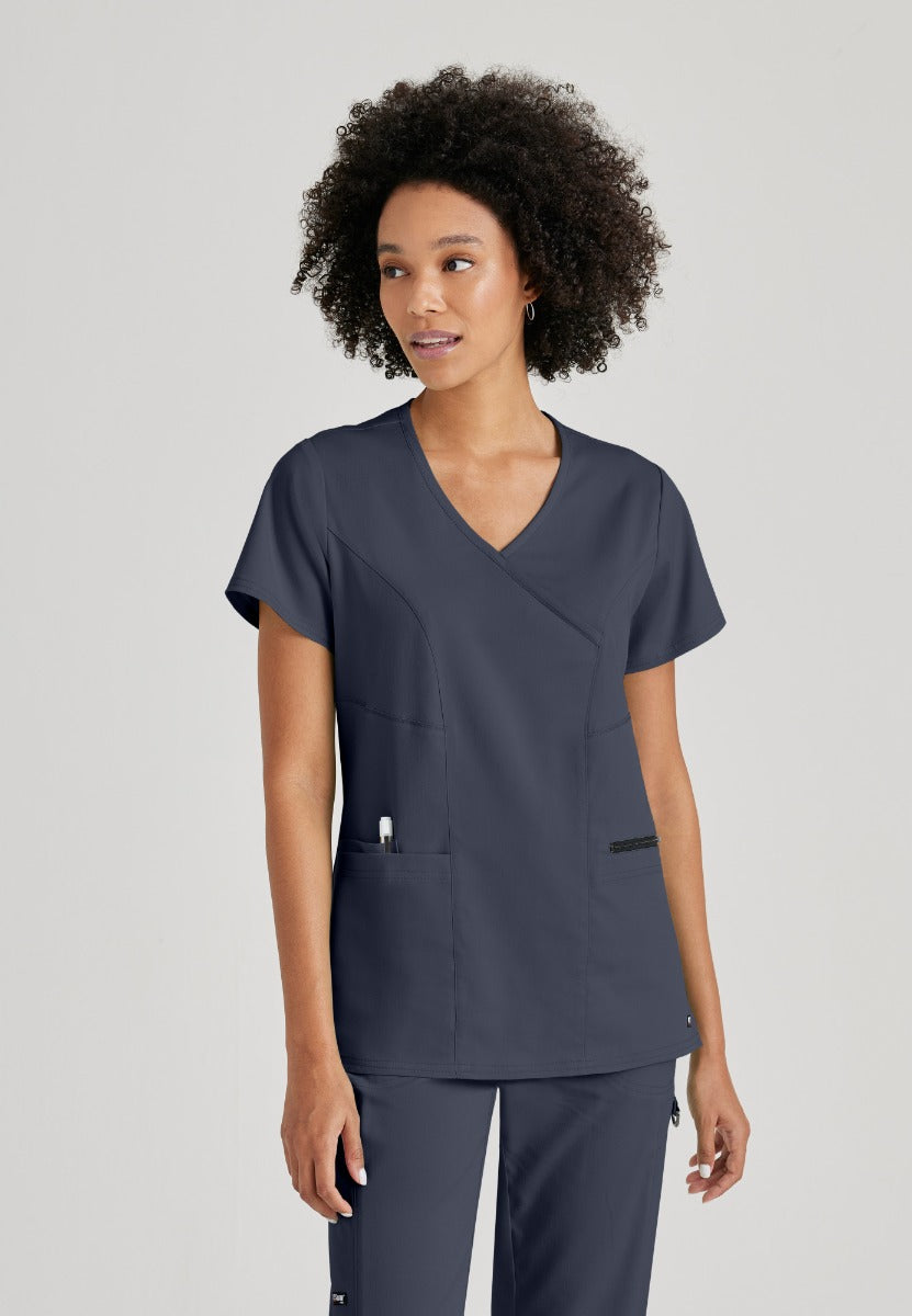 Greys Anatomy V-Neck Kim Top with Zip Front Pocket | Steel