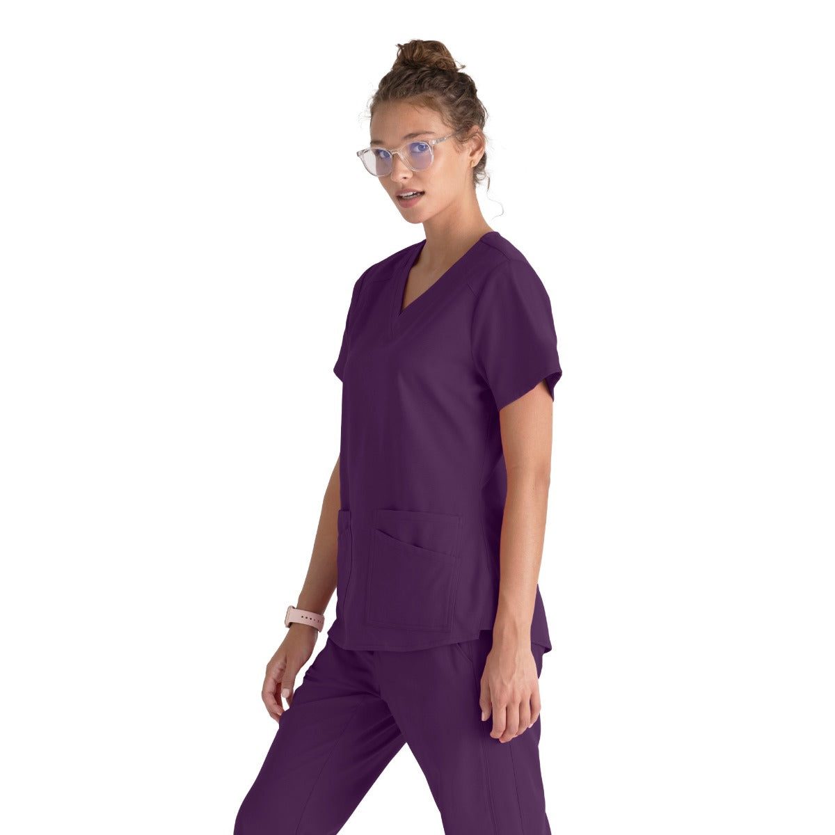 Greys Anatomy Emma 4 pocket, V-neck scrub top with angled seams | Eggplant