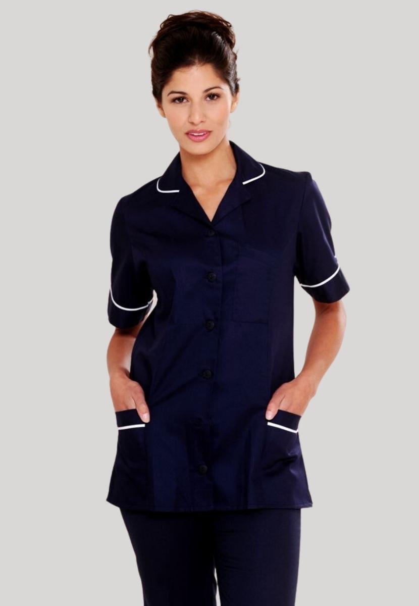 Nursing Uniform Tunic PH2A - Round Collar + Buttoned Front ⚡⚡⚡-50% OFF✨ | NAVY/WHITE